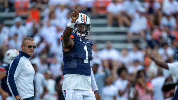 Auburn quarterback TJ Finley reacts pregame before Auburn vs Mercer.